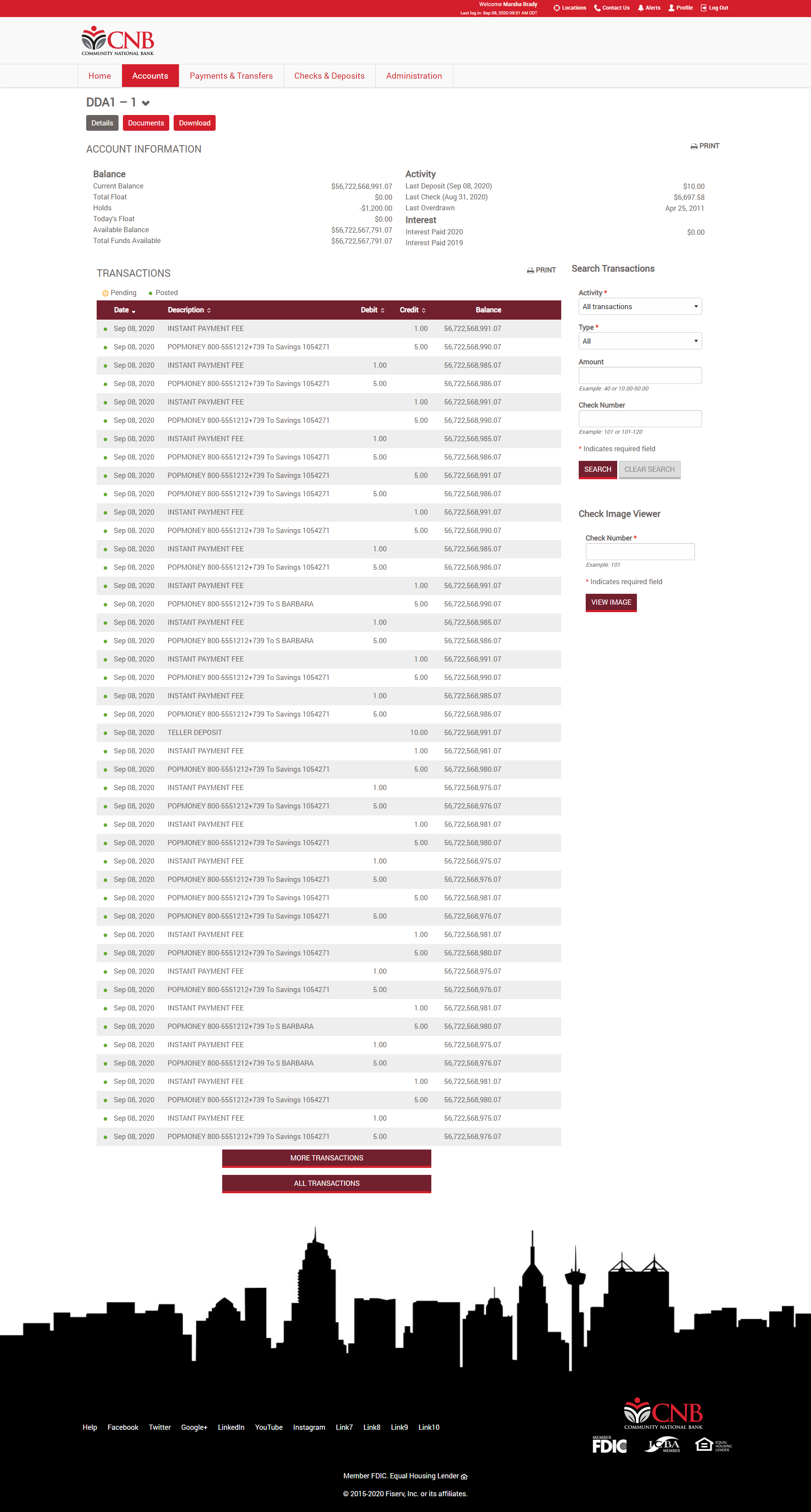 Screenshot of Community National Bank's Business Online Banking Checking Account Page