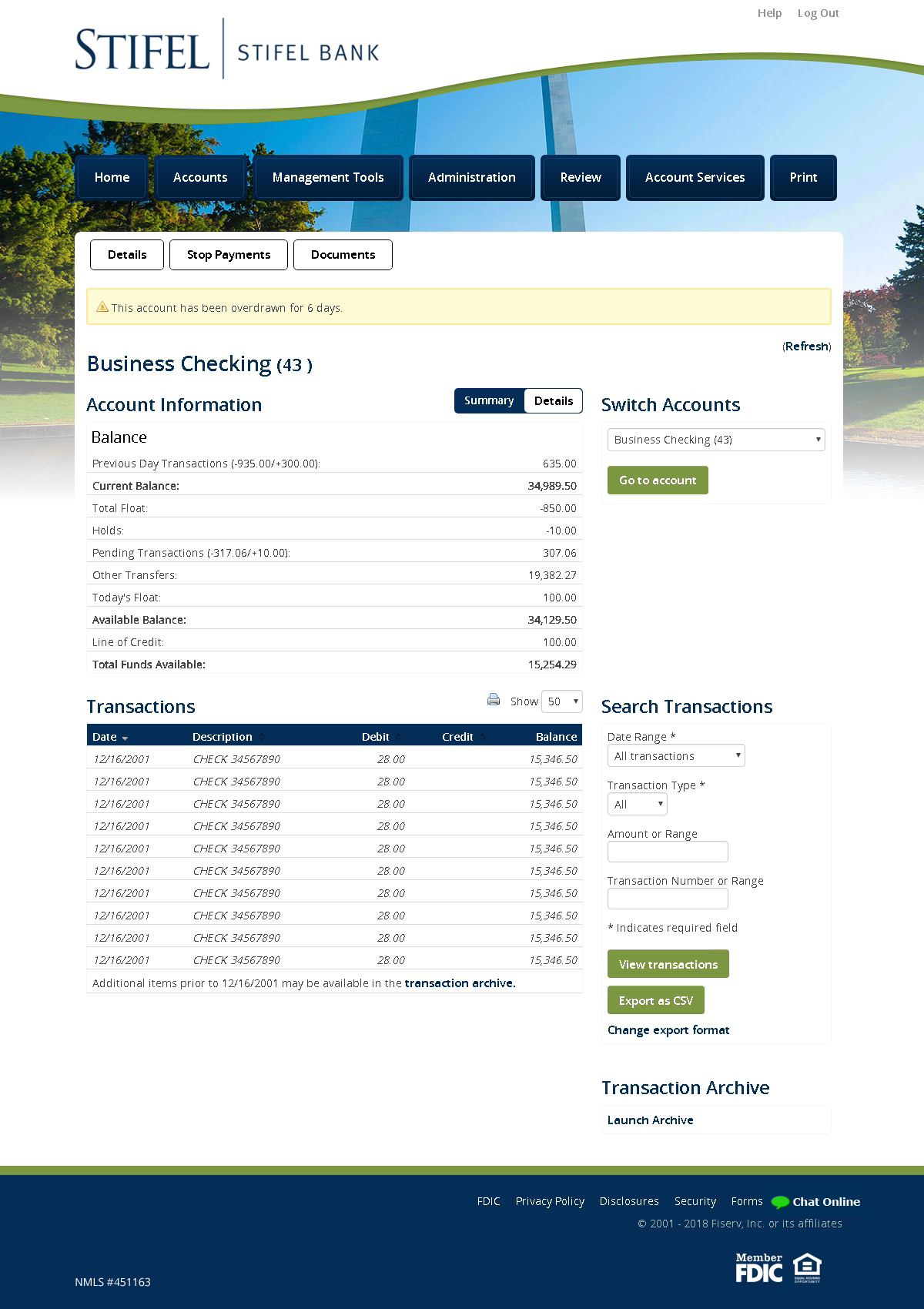 Screenshot of Stifle Bank's Business Online Banking Checking Account Page