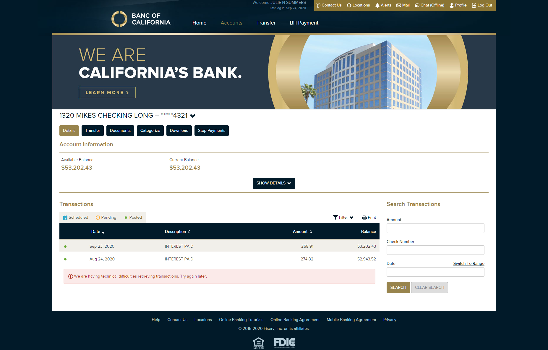 Screenshot of Banc of California's Retail Online Banking Checking Account Page