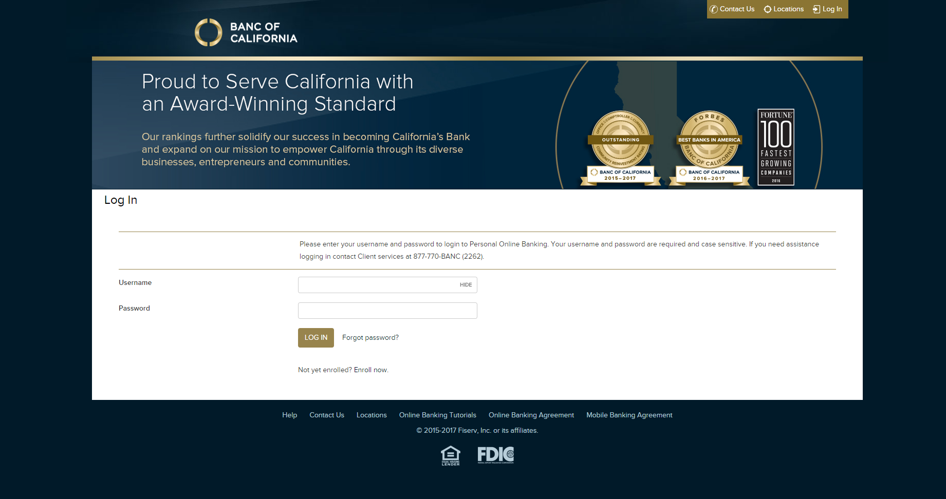 Screenshot of Banc of California's Retail Online Banking Login Page