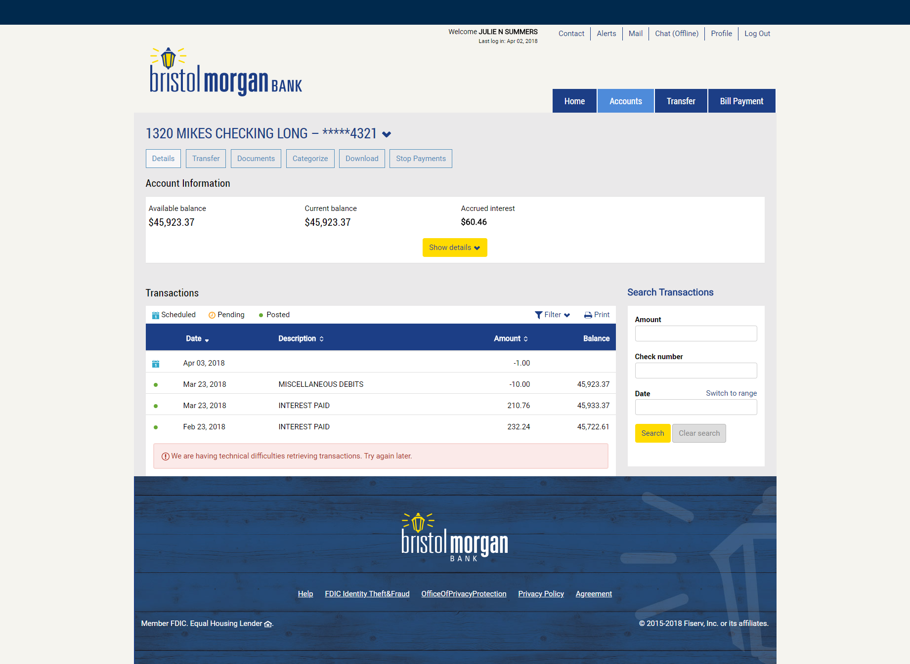 Screenshot of Bristol Morgan Bank's Retail Online Banking Checking Account Page