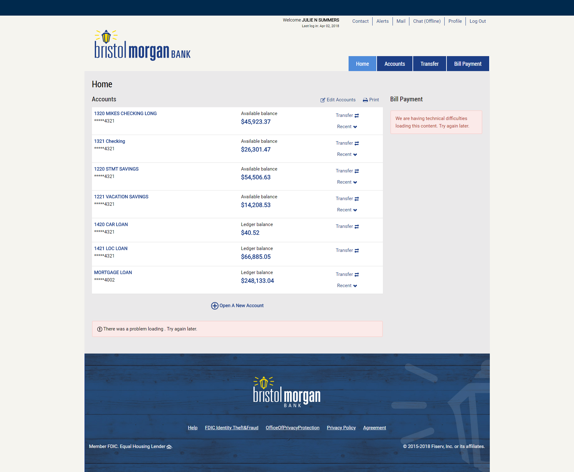 Screenshot of Bristol Morgan Bank's Retail Online Banking Home Page