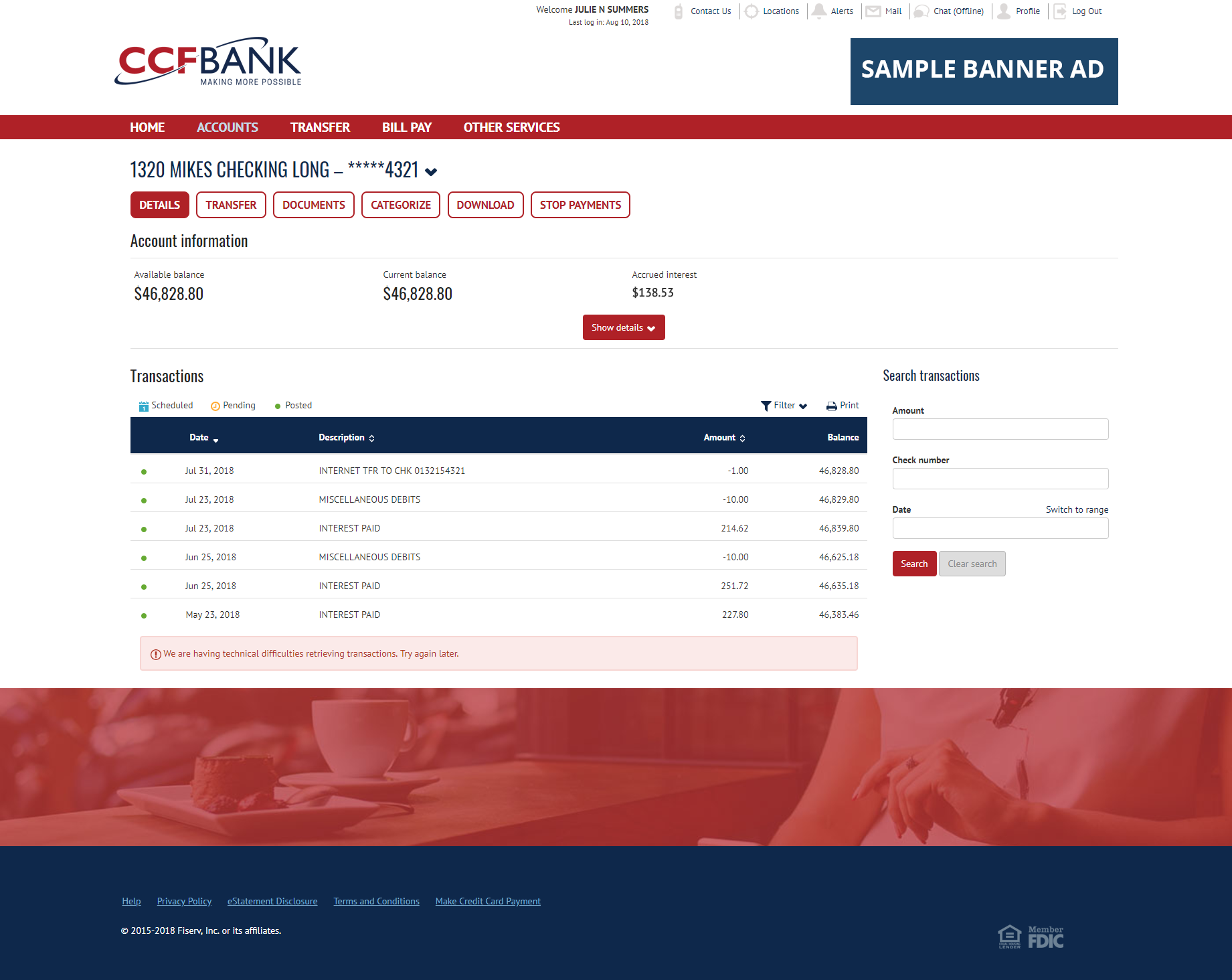 Screenshot of CCFBank's Retail Online Banking Checking Account Page