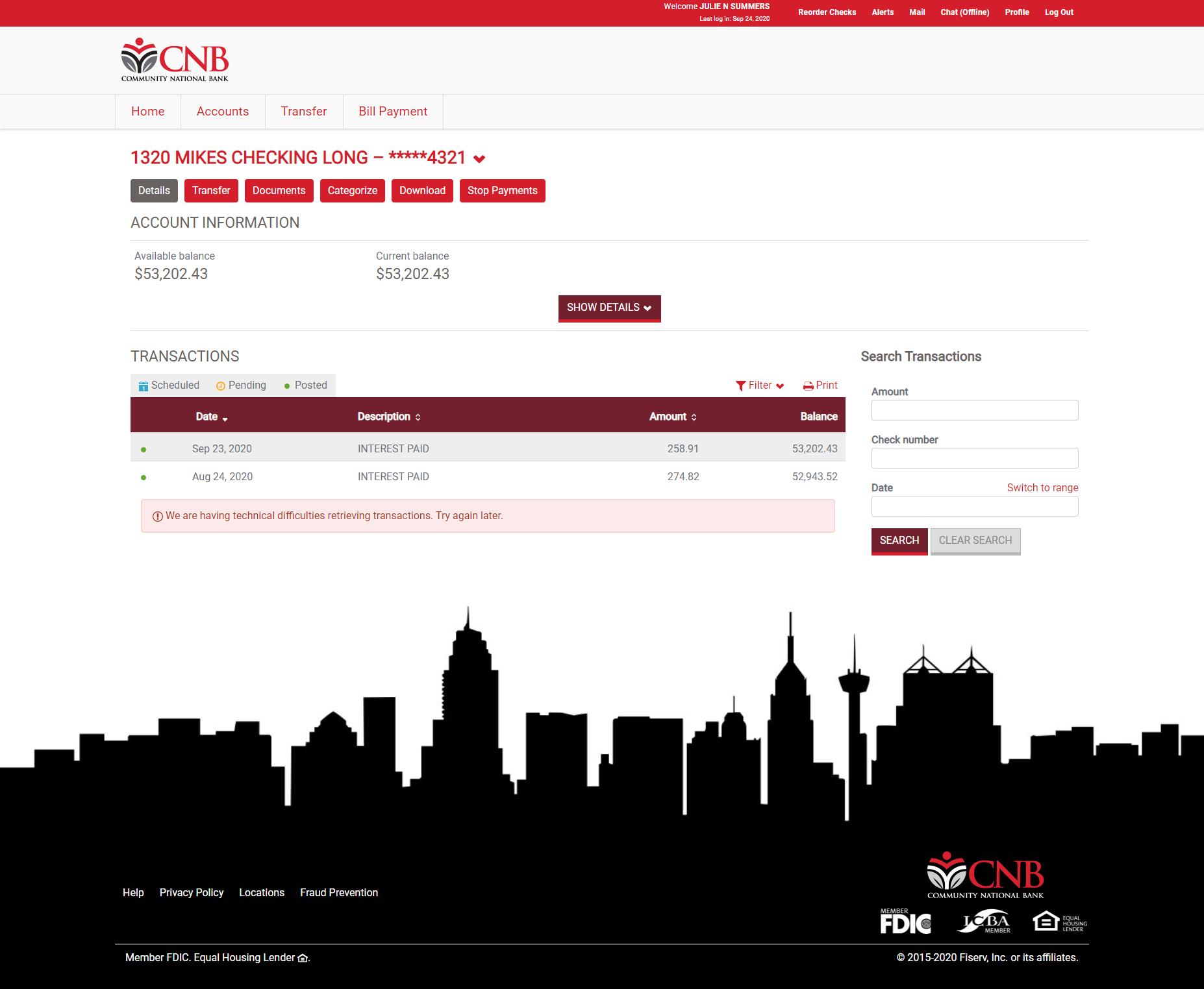 Screenshot of Community National Bank's Retail Online Banking Checking Account Page